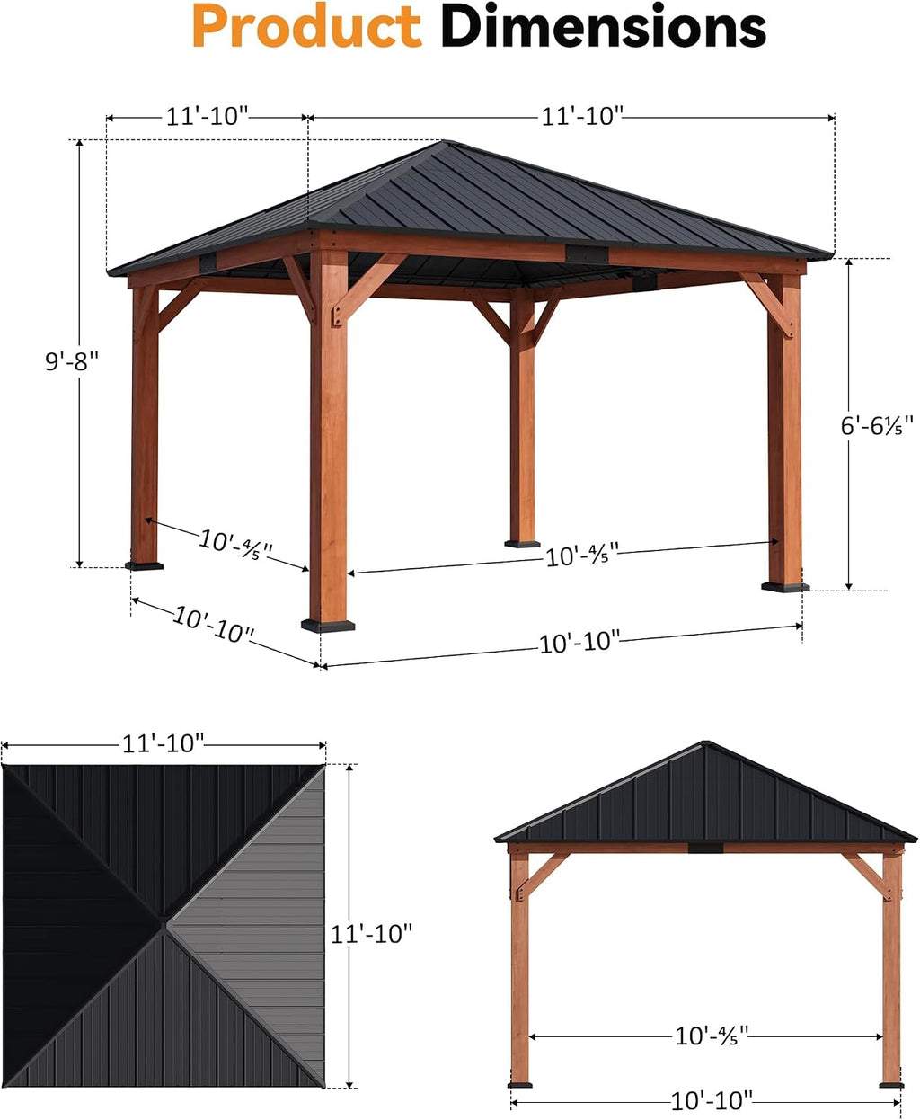 Modern Shade Permanent Wood Gazebo 12X12 with Galvanized Steel Roof