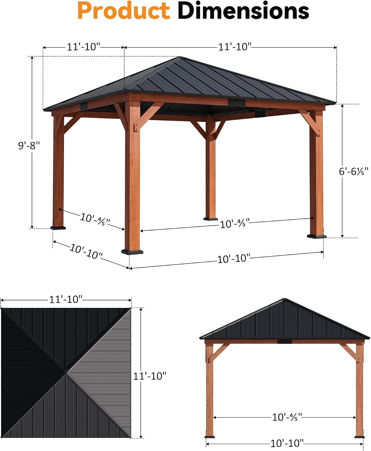 Modern Shade Permanent Wood Gazebo 12X12 with Galvanized Steel Roof