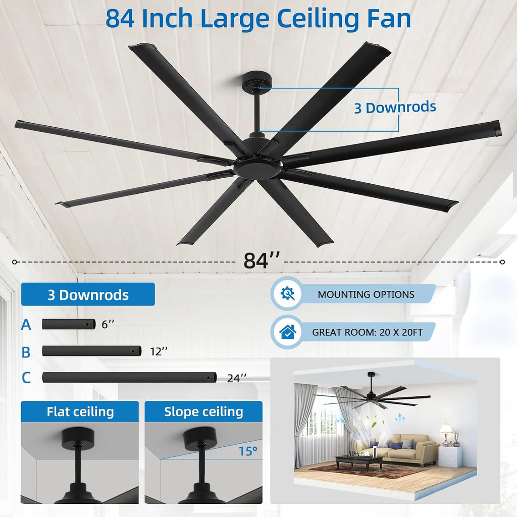 84 Inch Large Industrial Ceiling Fan No Lights, Reversible Dc Motor, 3 Downrods, 6 Speed Remote Control, 8 Aluminum Blades, Black Outdoor Fans for Shop/Gym/Warehouse/Garage