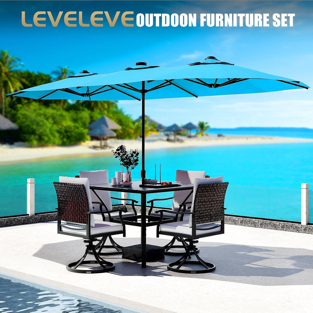 15FT Double-Sided Patio Umbrella with Base Included, Large Outdoor Rectangular Market Umbrella for Backyard, Poolside, Lawn & Garden