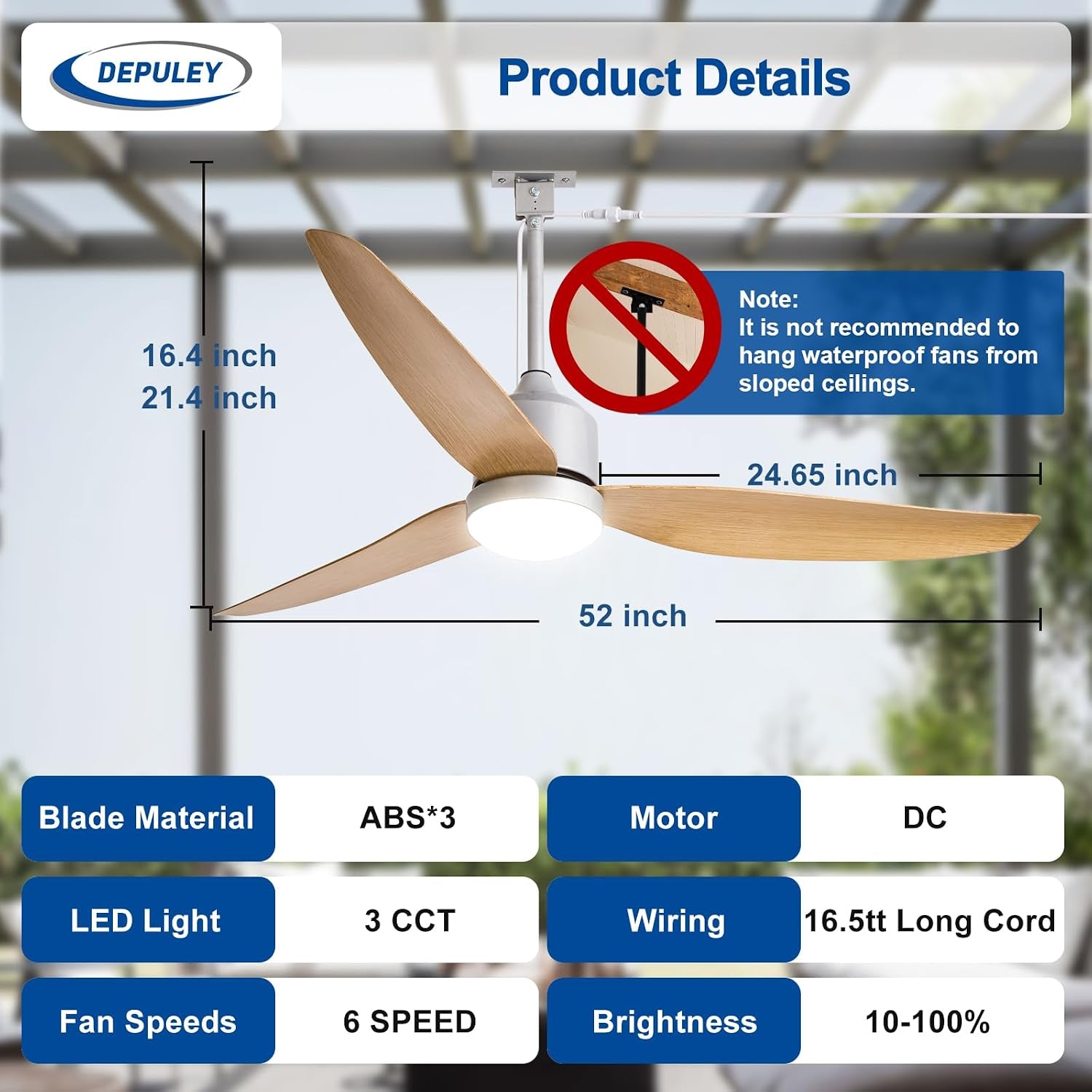 Outdoor Ceiling Fans with Lights: 52-Inch outside Waterproof Plug-In Ceiling Fan with Light and Remote Control - 3-Blade Hanging Gazebo Outdoor Fans for Patios 6 Speeds Reversible - Wood