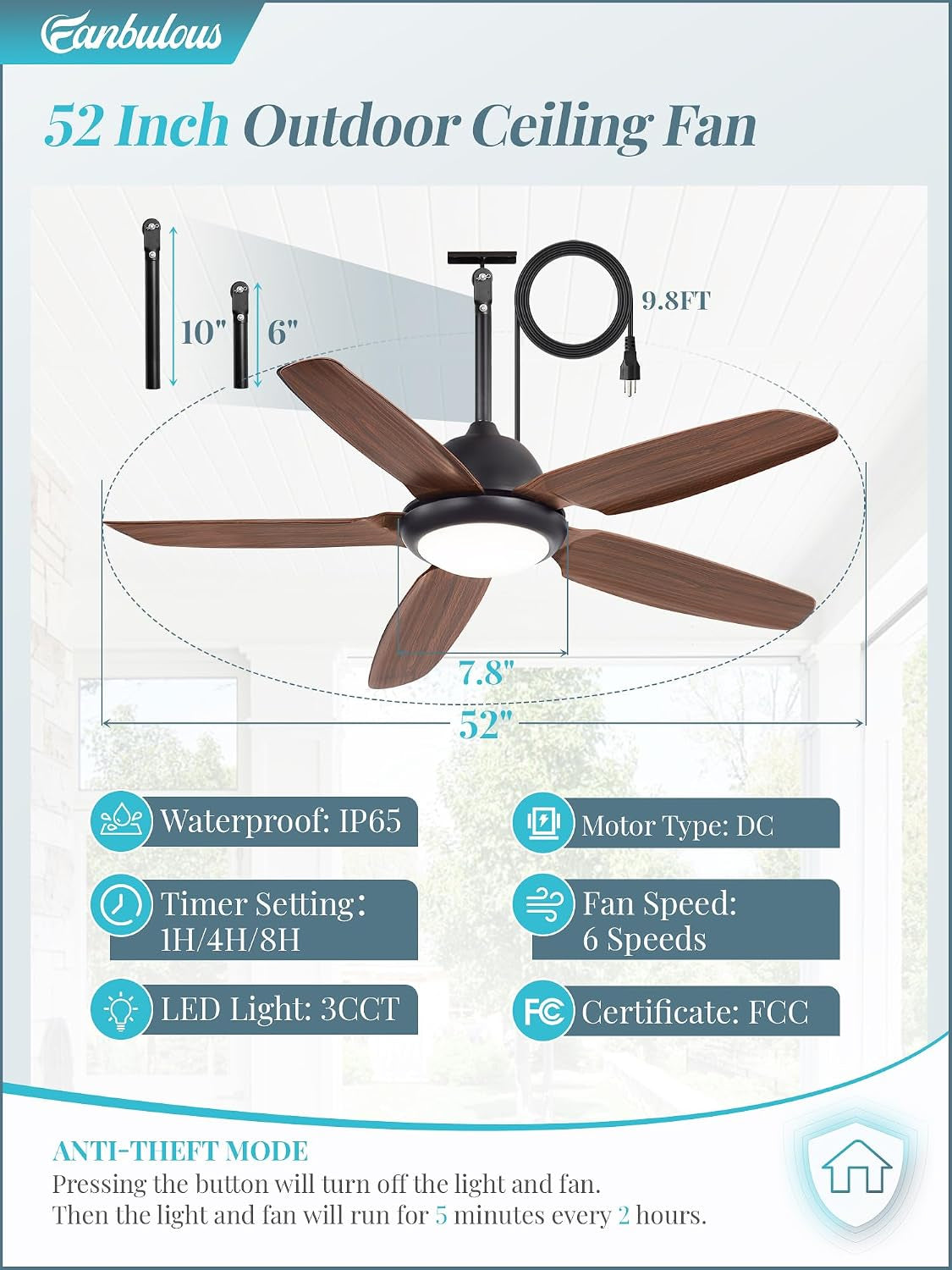 52 Inch Waterproof Outdoor Ceiling Fan with Light for Patio,Brown