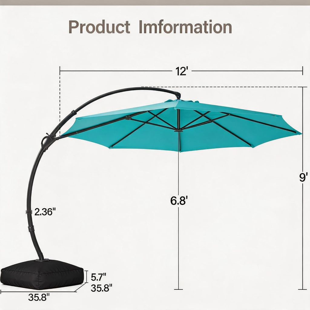 12FT Curvy Cantilever Patio Umbrella with Base, 360° Rotation Offset Outdoor Umbrella, Heavy Duty Hanging Umbrella for Backyard, Pool, Garden（Turquoise Blue）
