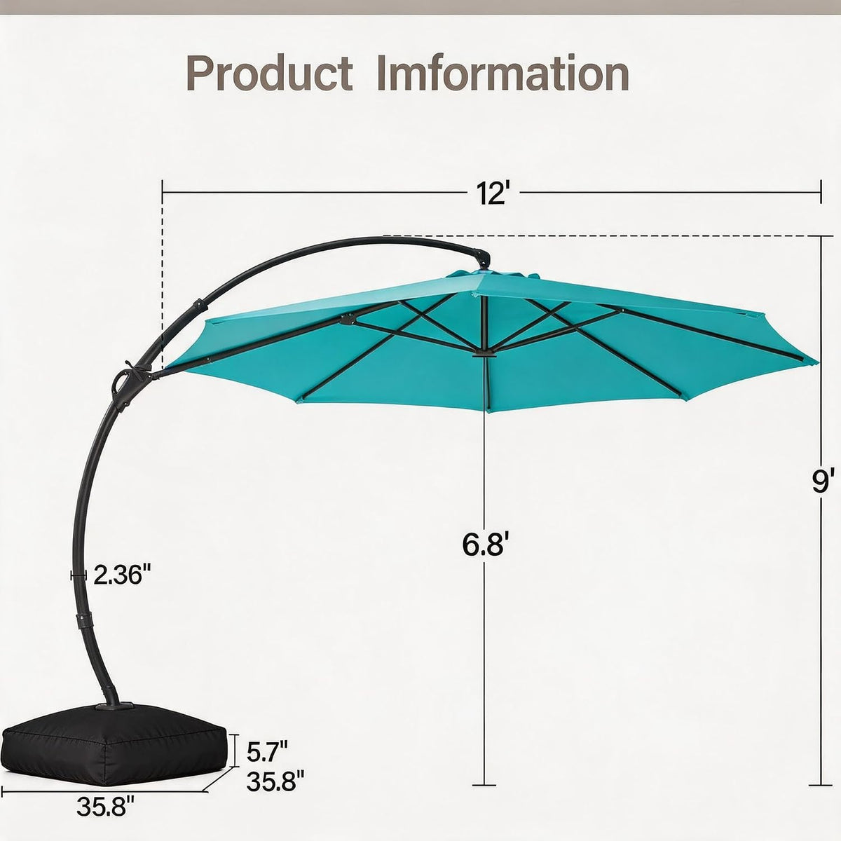 12FT Curvy Cantilever Patio Umbrella with Base, 360° Rotation Offset Outdoor Umbrella, Heavy Duty Hanging Umbrella for Backyard, Pool, Garden（Turquoise Blue）