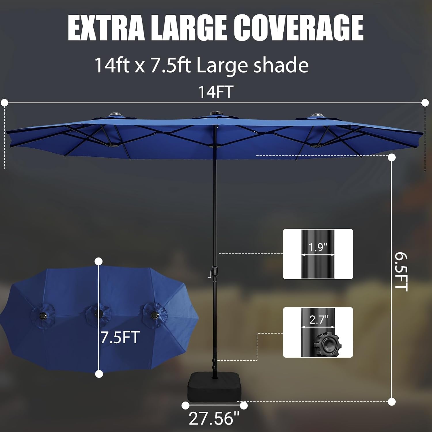 15FT Double-Sided Patio Umbrella with Base Included, Large Outdoor Rectangular Market Umbrella for Backyard, Poolside, Lawn & Garden