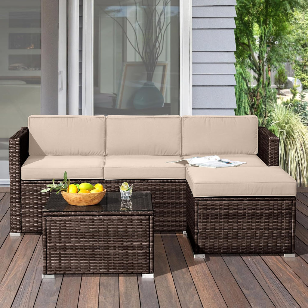 Patio Furniture Set - 3-Piece Rattan Outdoor Sectional, Ottoman, and Table Combo - Deck, Pool, Sunroom, or Backyard Furniture (Brown)