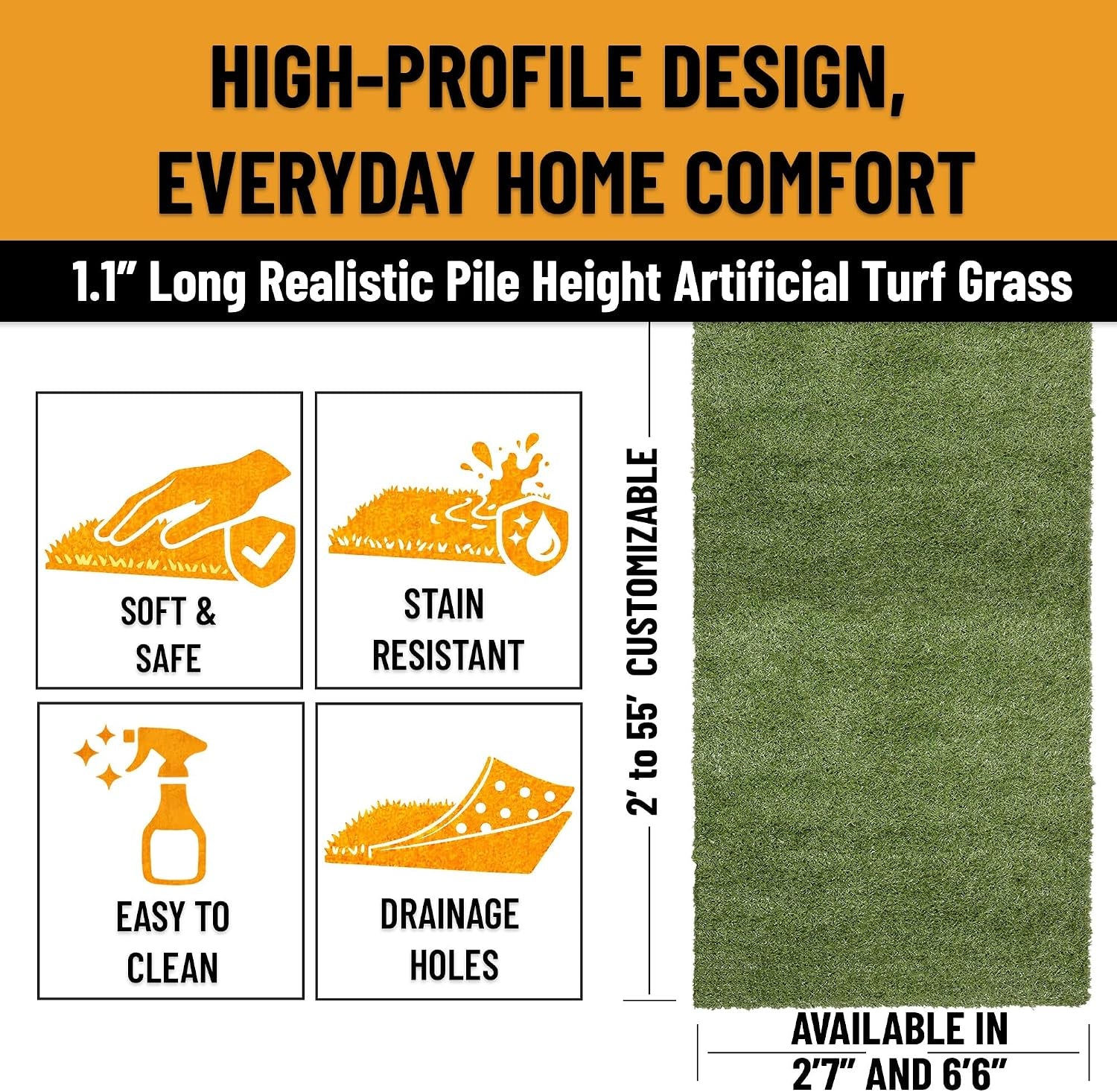 Artificial Grass Outdoor Rug for All-Weather Use, Realistic Faux Turf with Drainage Holes, 6'6" X 10'