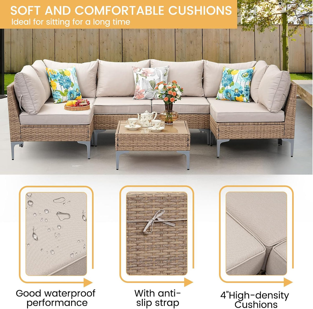 7 Piece Patio Furniture Set, Wicker Modular Outdoor Furniture with Thicker Cushions, Outdoor Couch Sofa for Garden, Poolside, Backyard, Beige