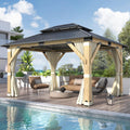 11FT X 13FT Outdoor Wooden Gazebo with Netting & Curtains, Beige