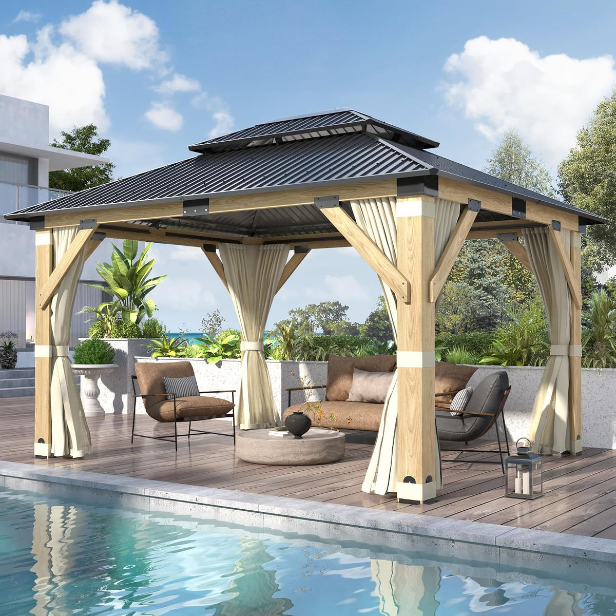 11FT X 13FT Outdoor Wooden Gazebo with Netting & Curtains, Beige