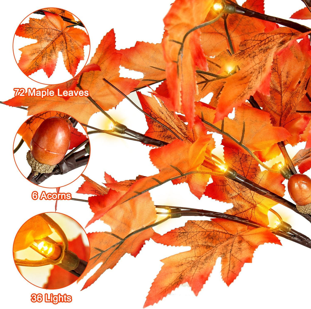24 Inch Lighted Fall Maple Tree - 2FT Thanksgiving Tabletop Lamp Decor with 36 LED Lights, 72 Maple Leaves, 6 Acorns, Timer, Burlap Base, Battery Operated Fall Artificial Tree for Indoor