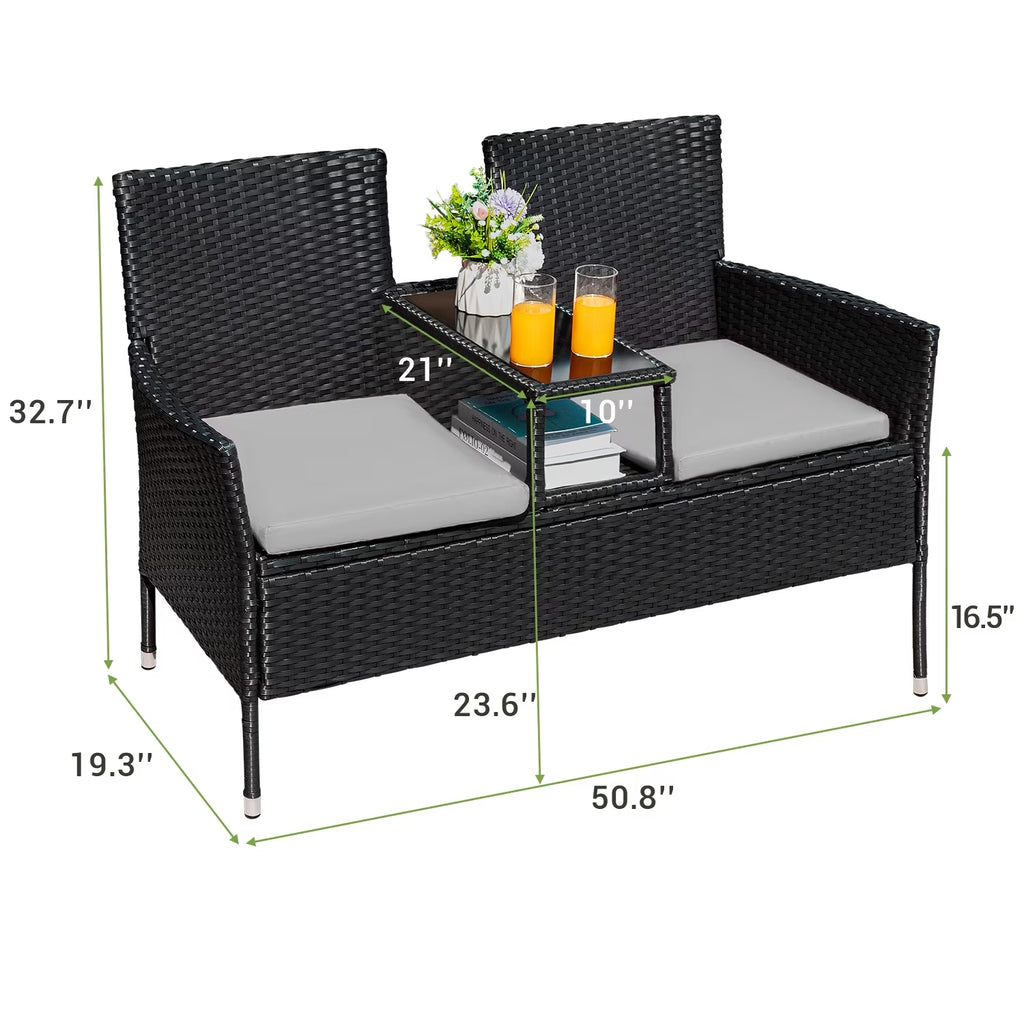 Outdoor Patio Loveseat Modern Rattan Patio Conversation Furniture Set with Cushions & Built-In Coffee Table Porch Furniture for Garden Lawn Backyard, Gray