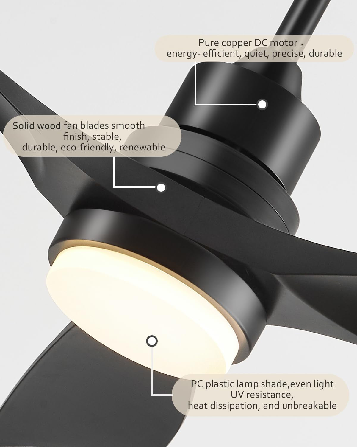 60 Inch Black Ceiling Fans with Lights and Remote, 3 Wood Blades