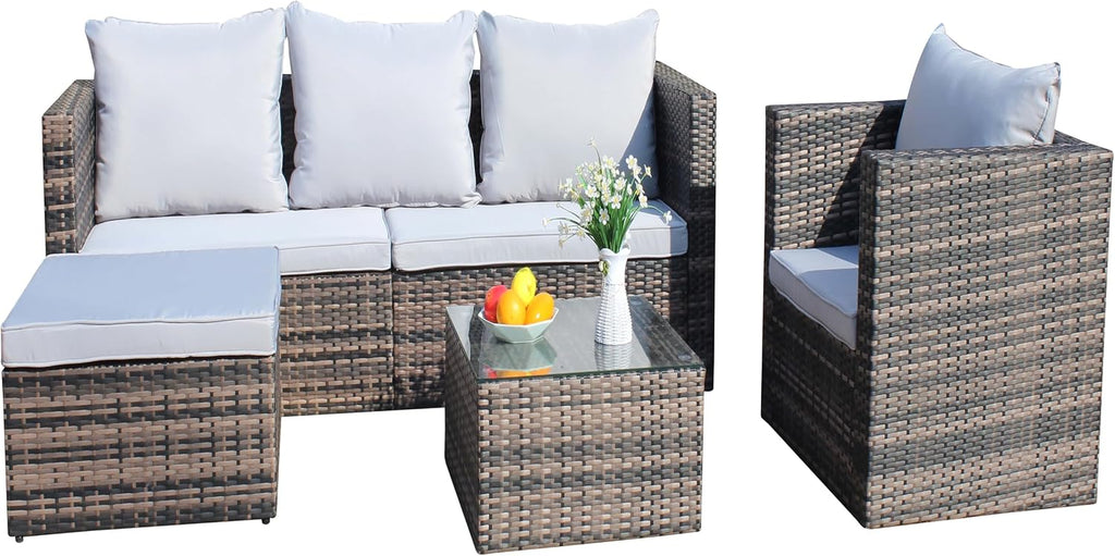 4 Piece Patio Furniture Set, Outdoor Patio Sofa with Thick Cushions, 4 Seat Outdoor Patio Sofa, 1 Single Chair, 1 Ottoman, 1 Table, Backyard Seat for Garden, Brown+Gray