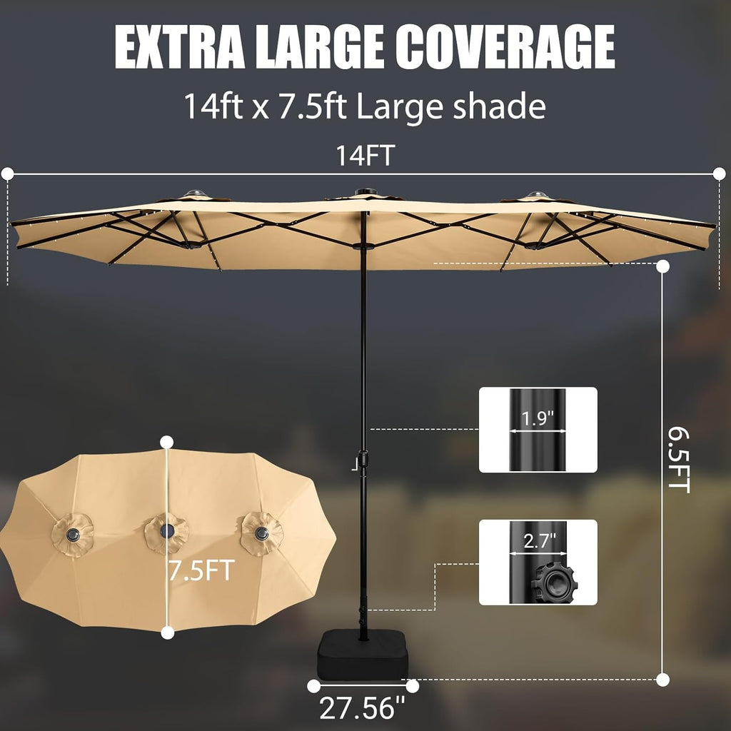 15FT Double-Sided Patio Umbrella with Base Included, Large Outdoor Rectangular Market Umbrella for Backyard, Poolside, Lawn & Garden