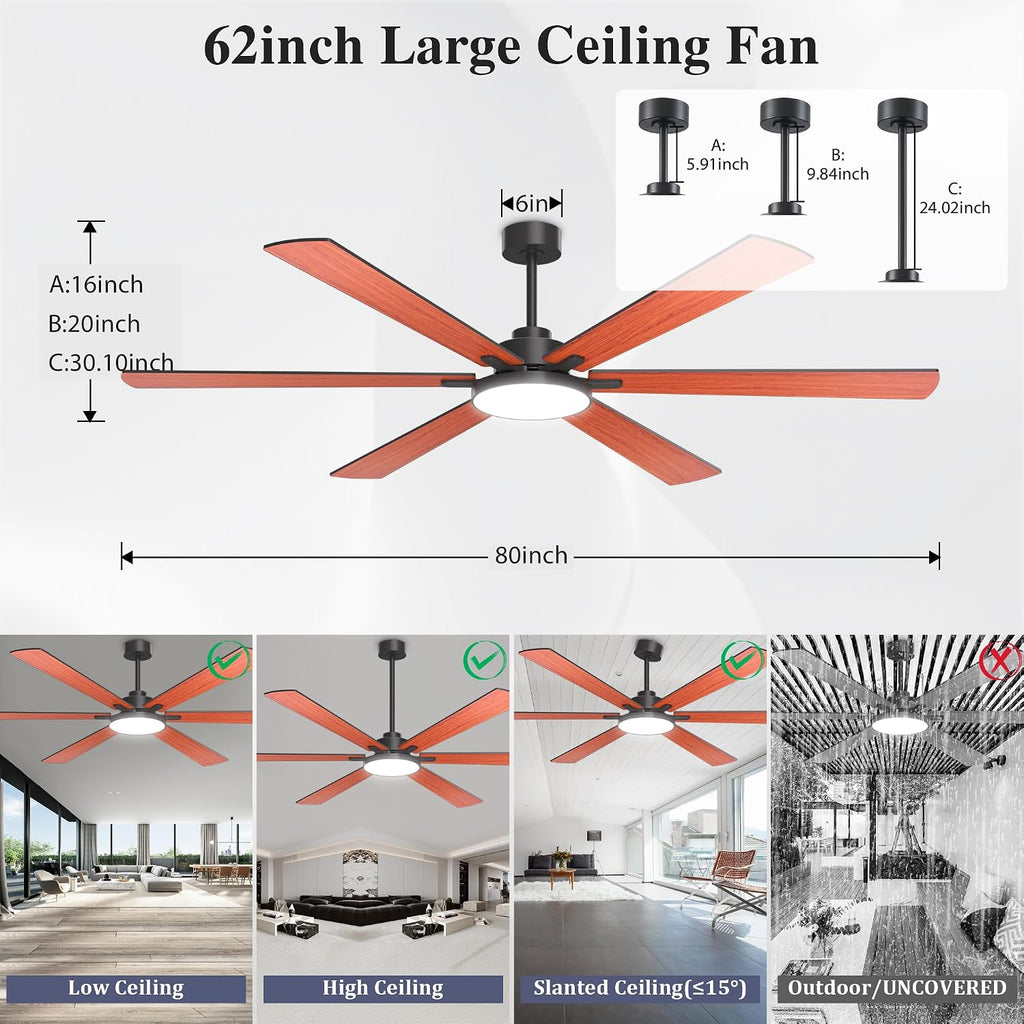 80 Inch Ceiling Fans with Lights and Remote Control, Indoor/Outdoor Flush Mount Low Profile, Commercial Reversible Dimmable Ceiling Fans for Living Room Patio Industrial Shop, Wood Grain