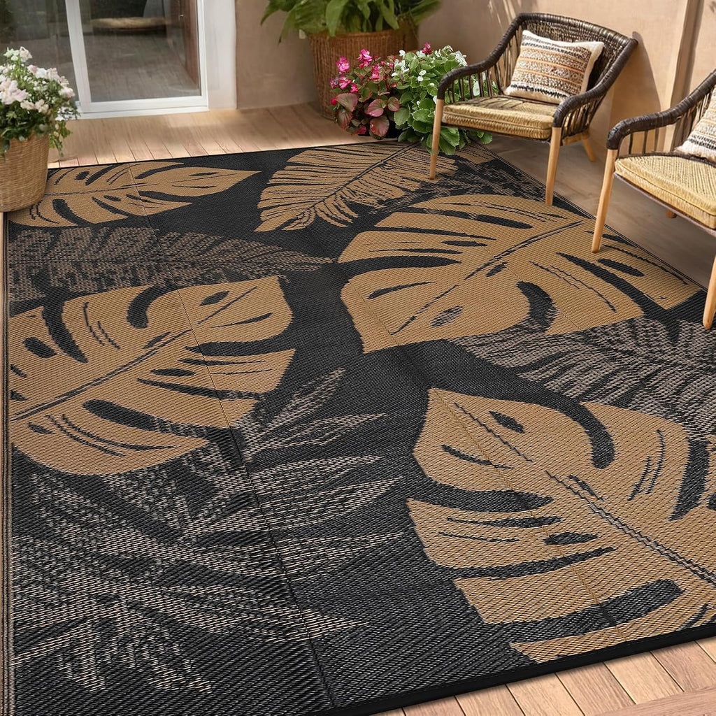 9X12 Outdoor Rug Waterproof Foldable Plastic Straw Carpet for Patio Porch Modern Leaf Print Reversible Mat Lightweight Floor Mat for Picnic, Rv, Beach, Deck, Camper, Balcony，Black/Brown