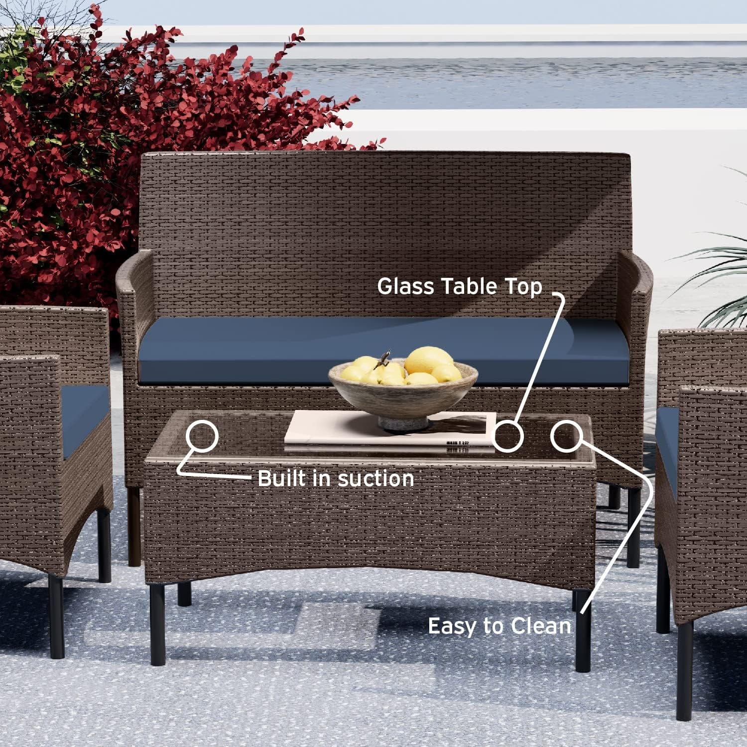 Outdoor Patio Furniture Sofas, Standard, Brown Base/Navy Blue Cushions