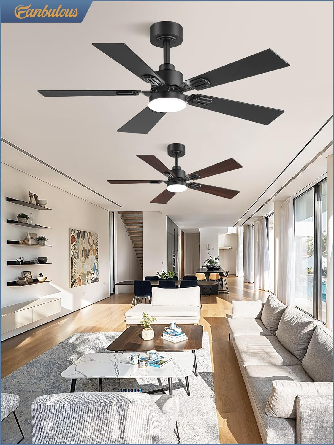 2 Pack of 42 Inch Modern Ceiling Fans with Lights & Remote, Black