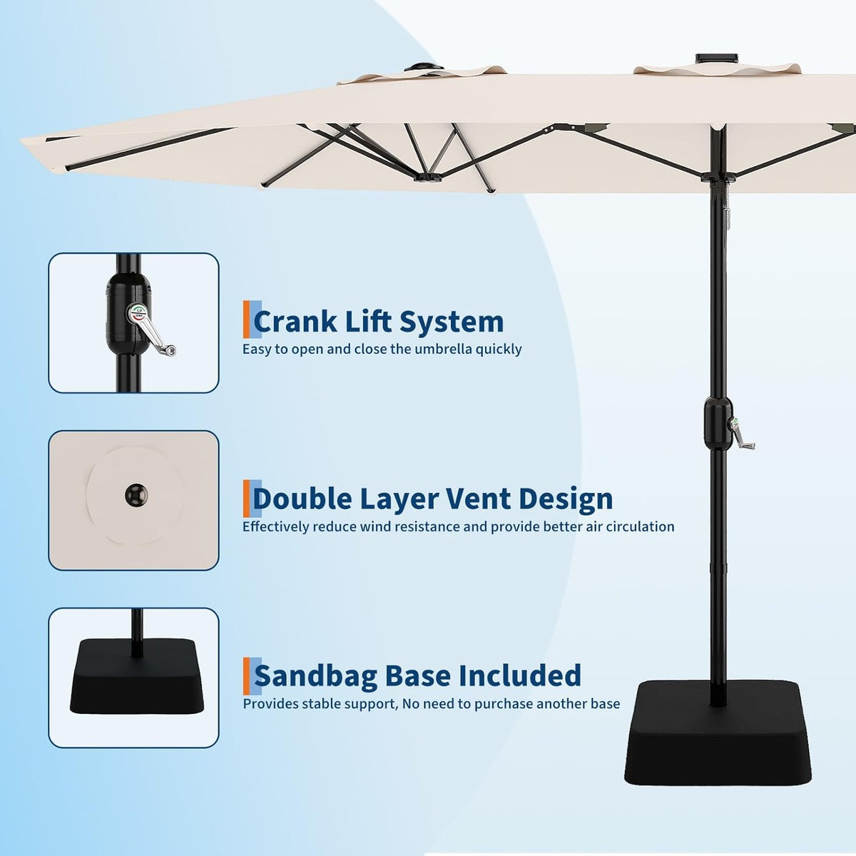 15 Ft Large Patio Umbrella with Base Included, Outdoor Double-Sided Rectangle Umbrella with Crank Handle, Outdoor Umbrella for Backyard, Pool, Patio,