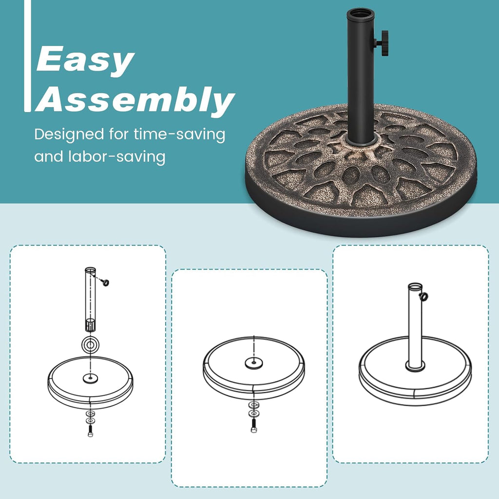 30 Lbs Heavy Duty Umbrella Base, round Parasol Holder with Adjustable Knob for Φ1.5-Φ1.9 Pole, Resin Umbrella Stand with Decorative Pattern, Easy Setup