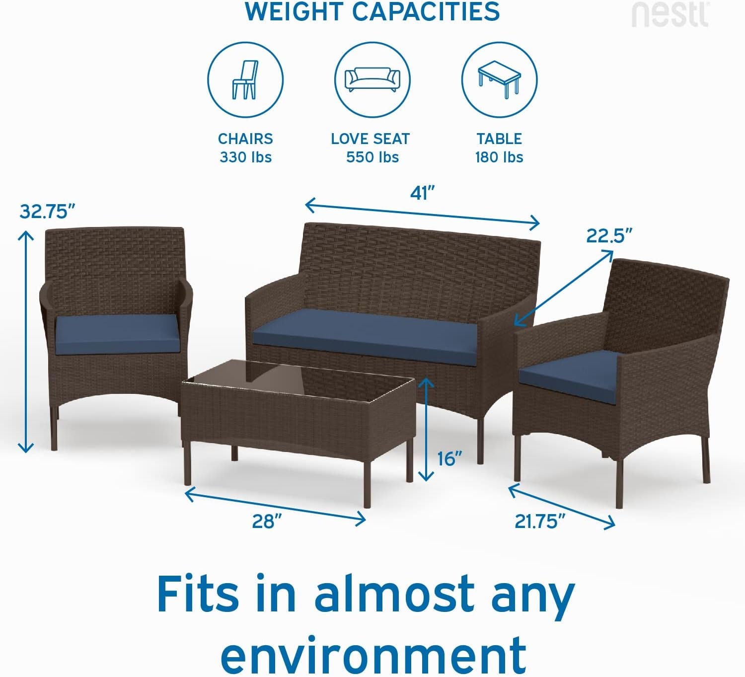 Outdoor Patio Furniture Sofas, Standard, Brown Base/Navy Blue Cushions