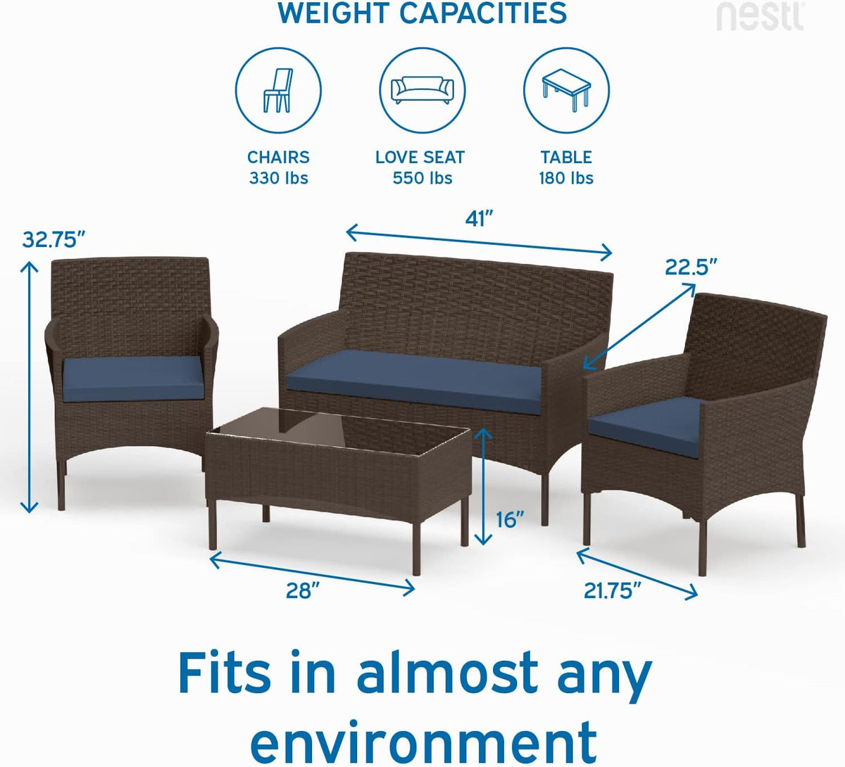 Outdoor Patio Furniture Sofas, Standard, Brown Base/Navy Blue Cushions