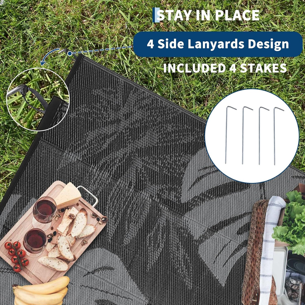 Outdoor Patio Rug 9X12 Waterproof Reversible Mat Leaf Tropical Outdoor Plastic Straw Rug with 4 Stakes and Starage Bag Portable Area Rug for Camping Porch Deck Rv Balcony Backyard Beach, Black