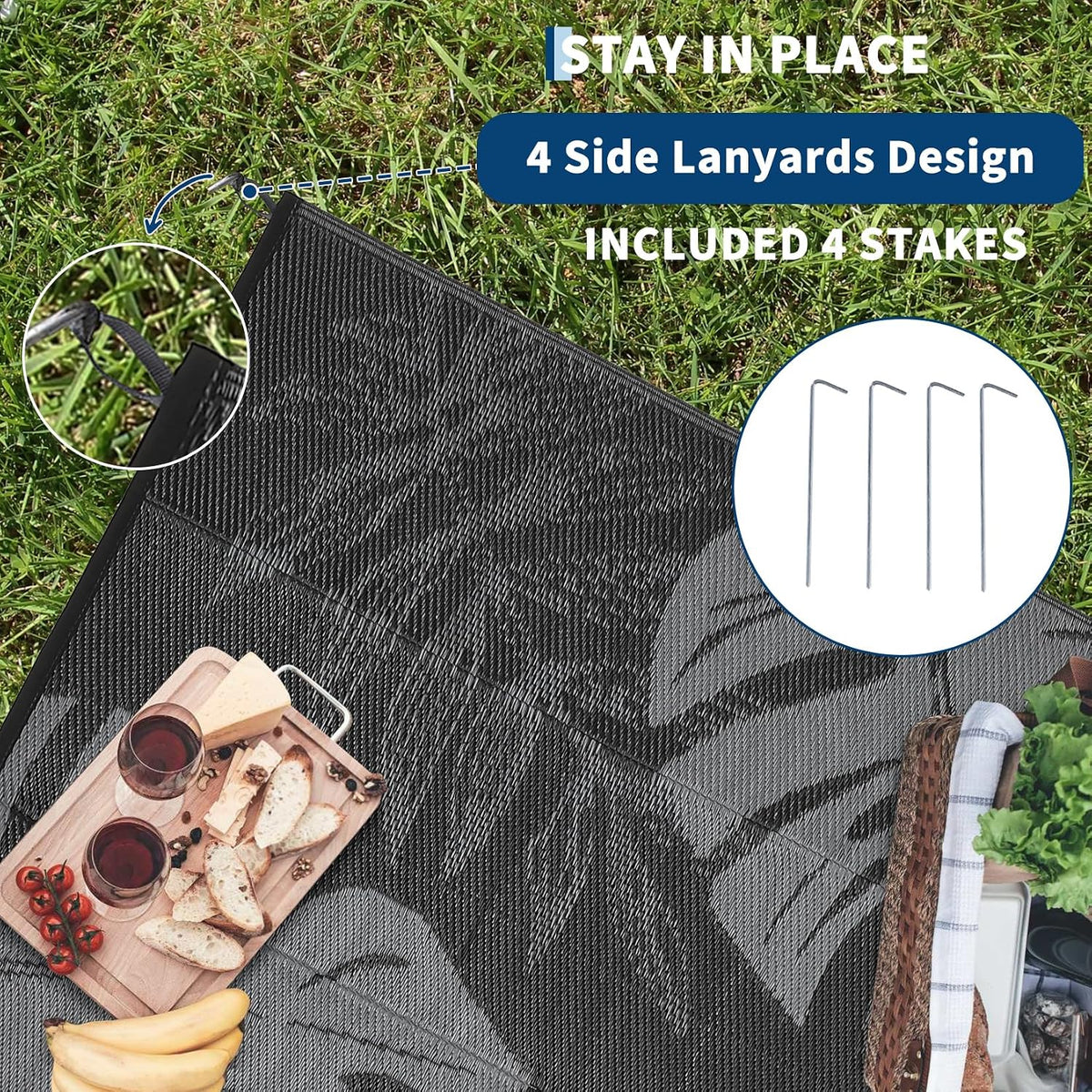 Outdoor Patio Rug 9X12 Waterproof Reversible Mat Leaf Tropical Outdoor Plastic Straw Rug with 4 Stakes and Starage Bag Portable Area Rug for Camping Porch Deck Rv Balcony Backyard Beach, Black