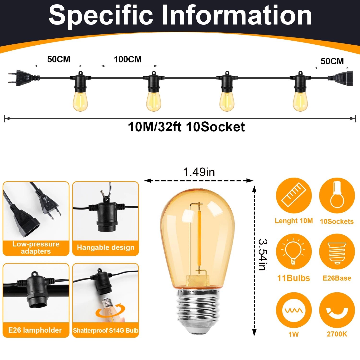 S14 LED Outdoor String Lights 220V EU PLUG 1W Shatterproof Waterproof Plastics Fairy Lights Birthday Wedding Decorative Lights