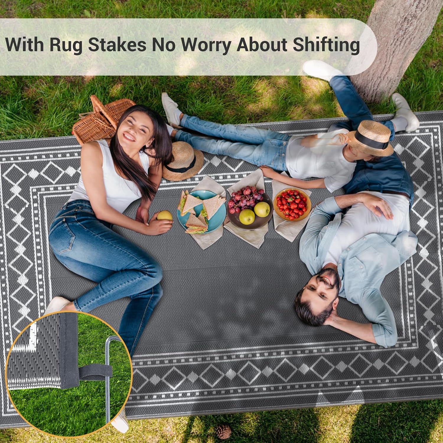 Large Outdoor Rug 10X14 Waterproof Patio Modern Border Reversible Camping Mat Plastic Straw Outdoor Rug for Patio, RV, Deck, Balcony, Backyard, Picnic, Beach, Clover,Grey
