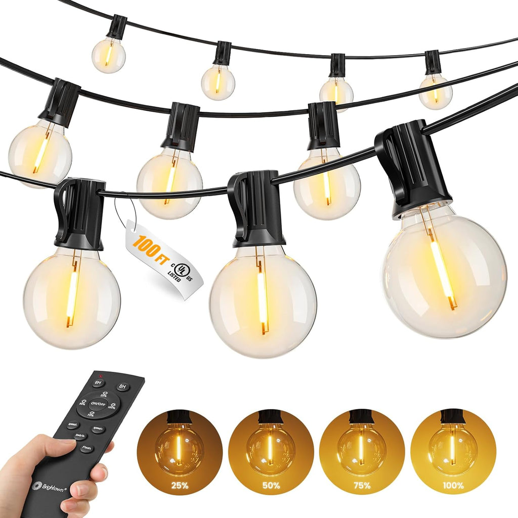 Outdoor String Lights, 100FT Shatterproof LED Patio Lights with 46 Dimmable Plastic G40 Bulbs, 2700K Waterproof Connectable Hanging String for Backyard, Cafe, Porch, Deck, Home Decor