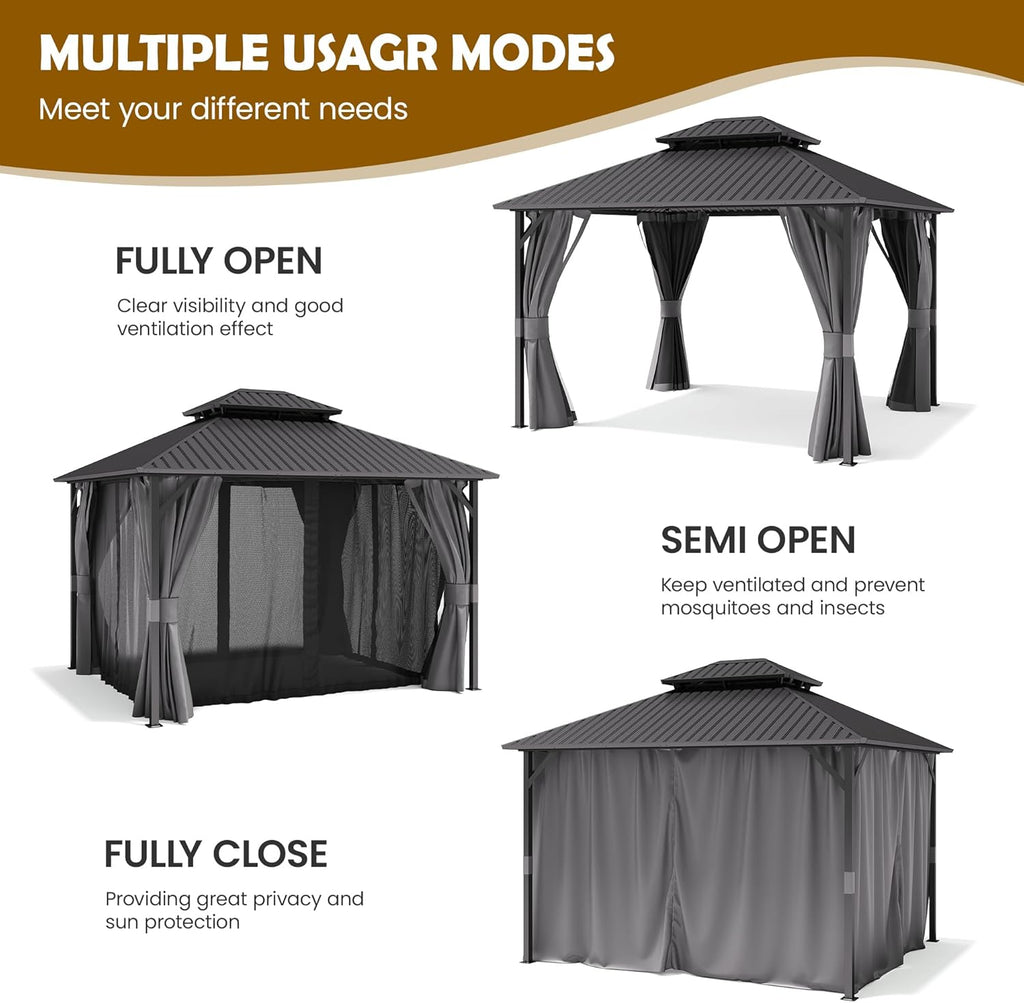 10'X12' Hardtop Gazebo, Metal Galvanized Steel Double Roof, Grey