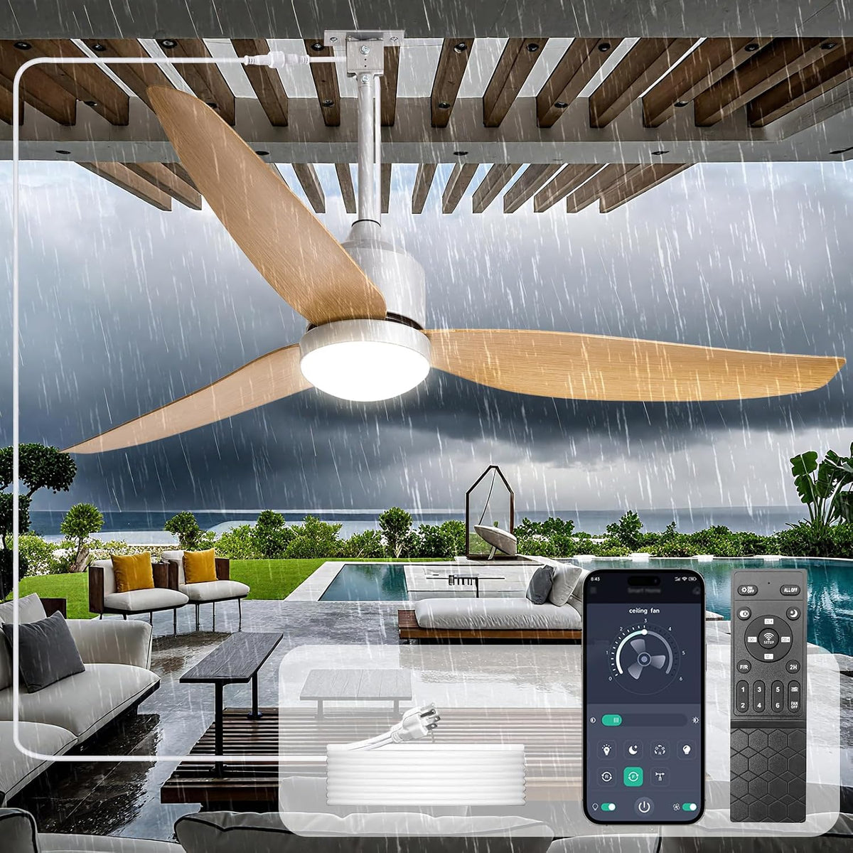 Outdoor Ceiling Fans with Lights: 52-Inch outside Waterproof Plug-In Ceiling Fan with Light and Remote Control - 3-Blade Hanging Gazebo Outdoor Fans for Patios 6 Speeds Reversible - Wood