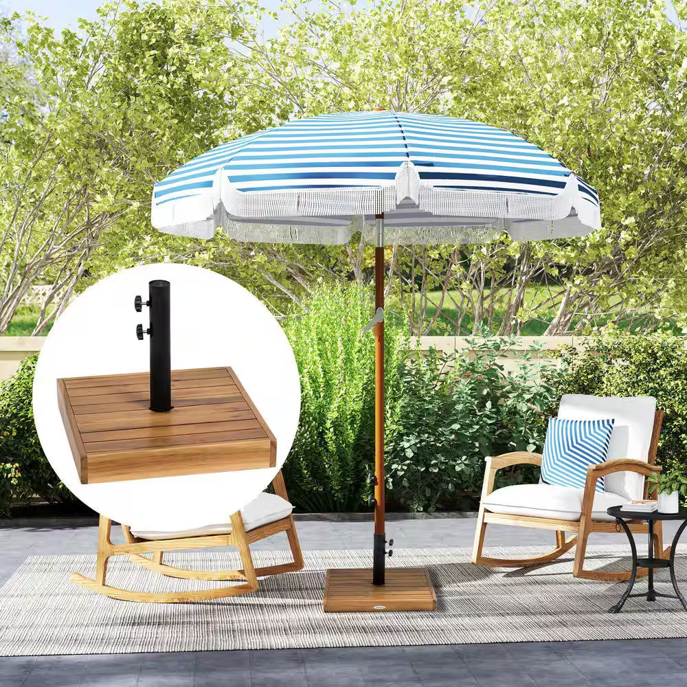 Wood Square Patio Umbrella Base, 42 Lbs. Concrete Heavy Duty Umbrella Base with Holder for 1.25 In. /1.5 In. Poles, Teak
