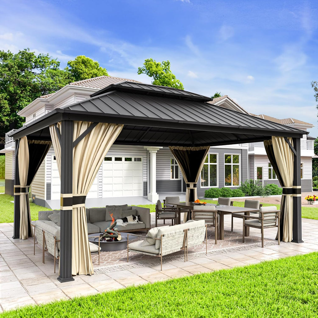 12'X16' Hardtop Gazebo, Aluminum Frame Outdoor Metal Gazebo, Beige