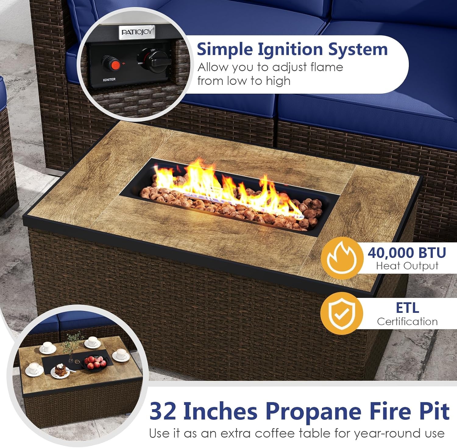 7 Pieces Patio Furniture Set with 32” Fire Pit Table and Propane Tank Cover, Outdoor PE Wicker Sectional Conversation Set with Cushions for Deck, Backyard, Protective Cover Included