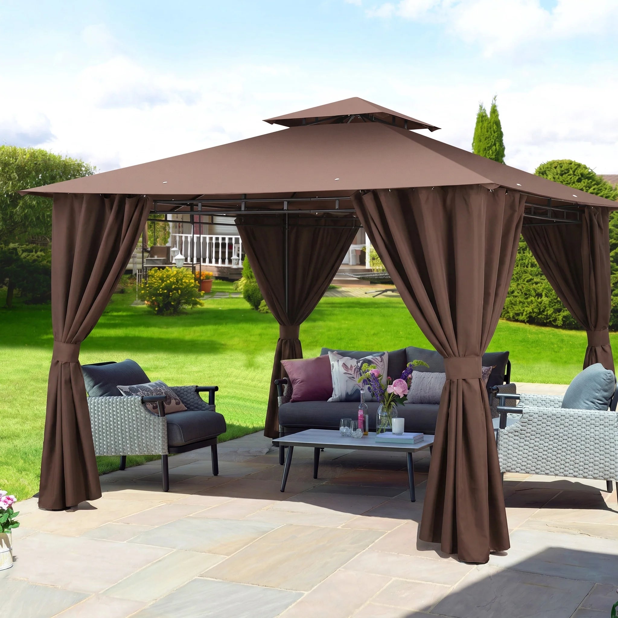10'X10' Gazebo Canopy Tent, Assembled Style Wrought Iron Gazebo Tent with 4 Detachable Sidewalls, Rainproof & Sunproof Gazebo Canopy for Tailgate, Yard, Beach
