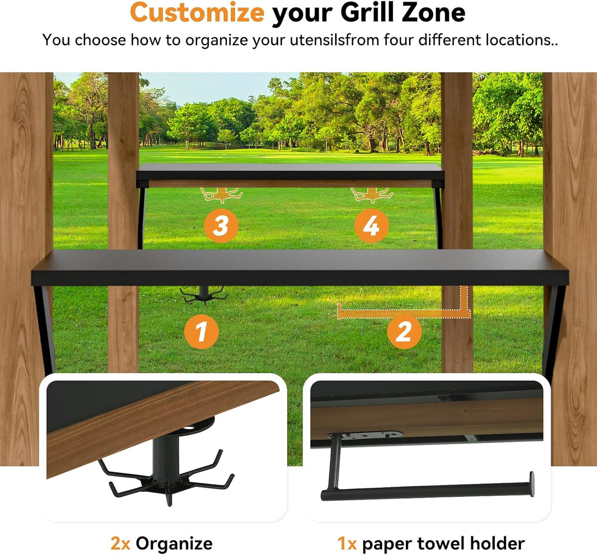 Modern Shade Wood Grill Gazebo 6X8 with USB Charging Power Strip & Shelves