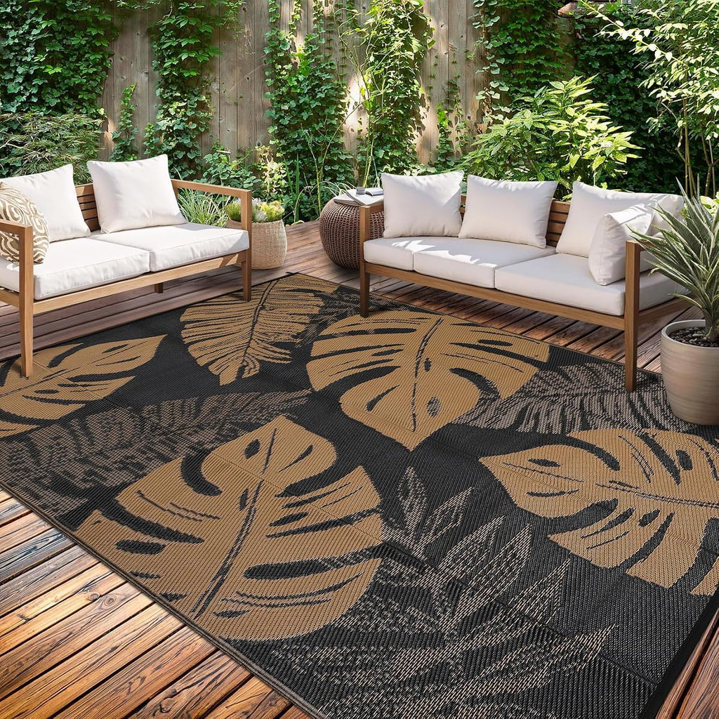 9X12 Outdoor Rug Waterproof Foldable Plastic Straw Carpet for Patio Porch Modern Leaf Print Reversible Mat Lightweight Floor Mat for Picnic, Rv, Beach, Deck, Camper, Balcony，Black/Brown