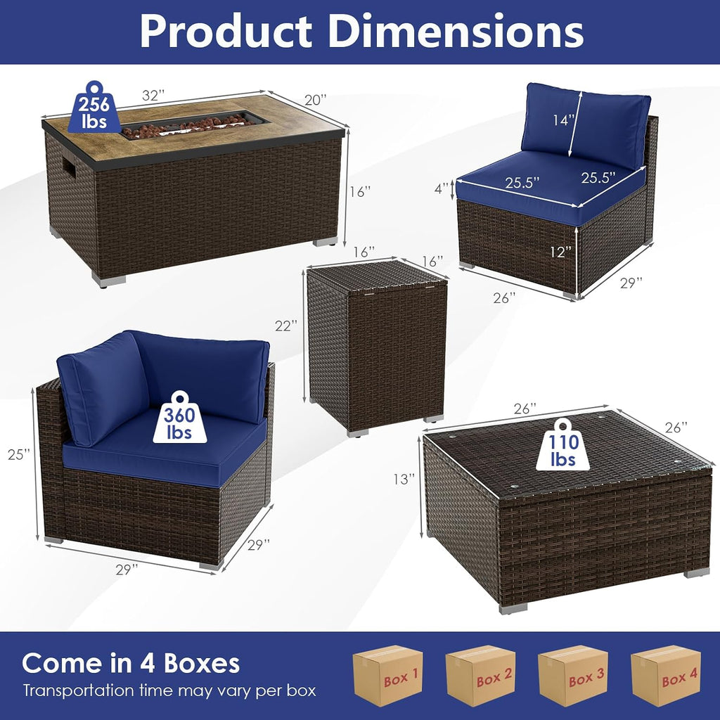 7 Pieces Patio Furniture Set with 32” Fire Pit Table and Propane Tank Cover, Outdoor PE Wicker Sectional Conversation Set with Cushions for Deck, Backyard, Protective Cover Included