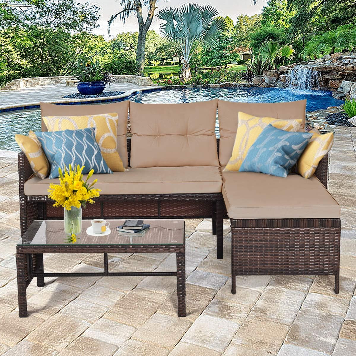 Patio Corner Sofa Set 3 Piece, Outdoor Rattan Sofa Set, Includes Lounge Chaise, Loveseat & Coffee Table, Patio Garden Poolside Lawn Backyard Furniture