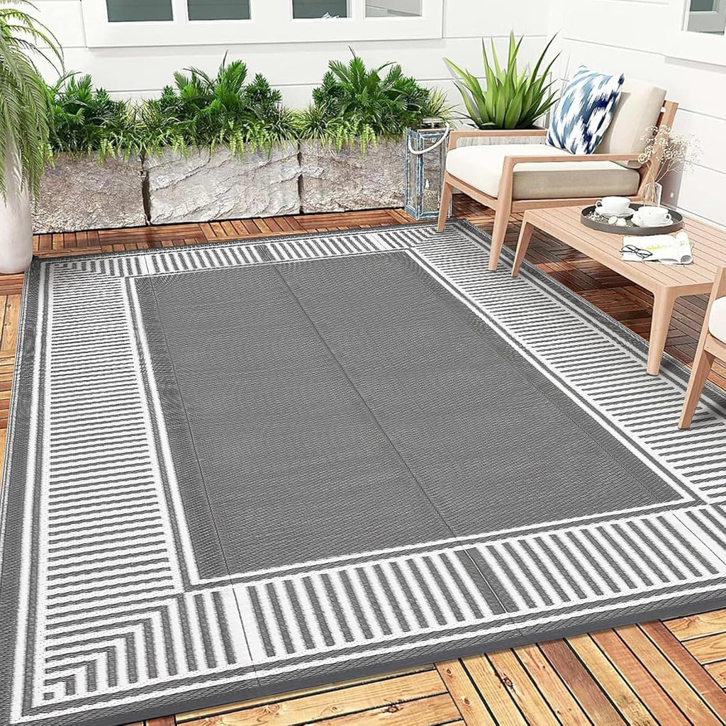 8X10 Outdoor Rug Waterproof Plastic Straw Rug Border Grey