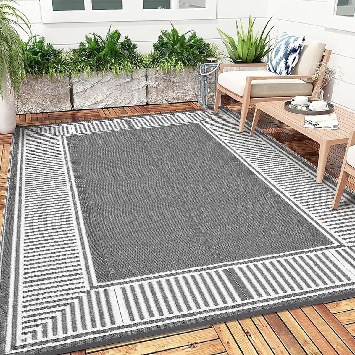 8X10 Outdoor Rug Waterproof Plastic Straw Rug Border Grey