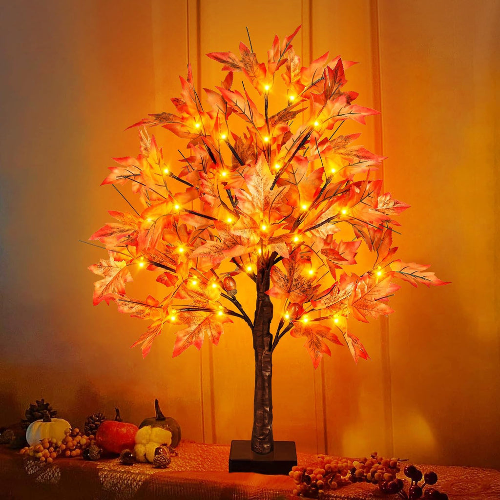 24 Inch Lighted Fall Maple Tree - 2FT Thanksgiving Tabletop Lamp Decor with 36 LED Lights, 72 Maple Leaves, 6 Acorns, Timer, Burlap Base, Battery Operated Fall Artificial Tree for Indoor