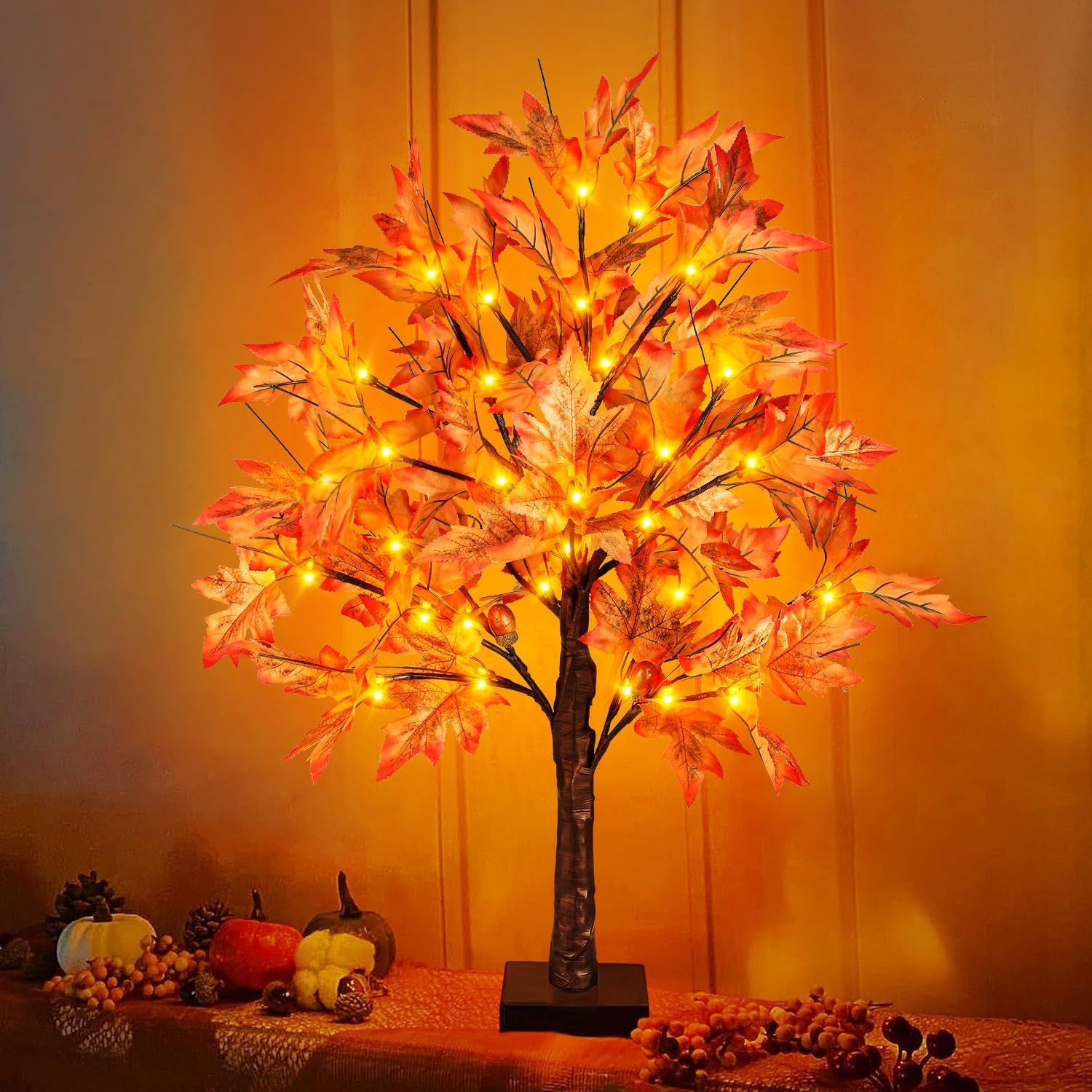 24 Inch Lighted Fall Maple Tree - 2FT Thanksgiving Tabletop Lamp Decor with 36 LED Lights, 72 Maple Leaves, 6 Acorns, Timer, Burlap Base, Battery Operated Fall Artificial Tree for Indoor