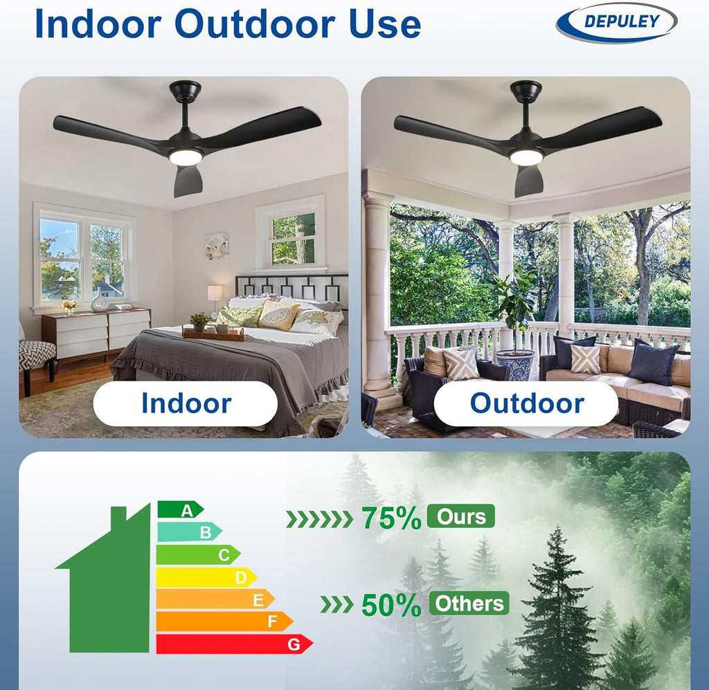 52-Inch Ceiling Fan with Light: Black 3 Blade Outdoor Fans for Patios - Dimmable Indoor Fan with Remote Control Fandelier for Living Room Bedroom Porch Quiet Motor Reversible 6 Speed Timer
