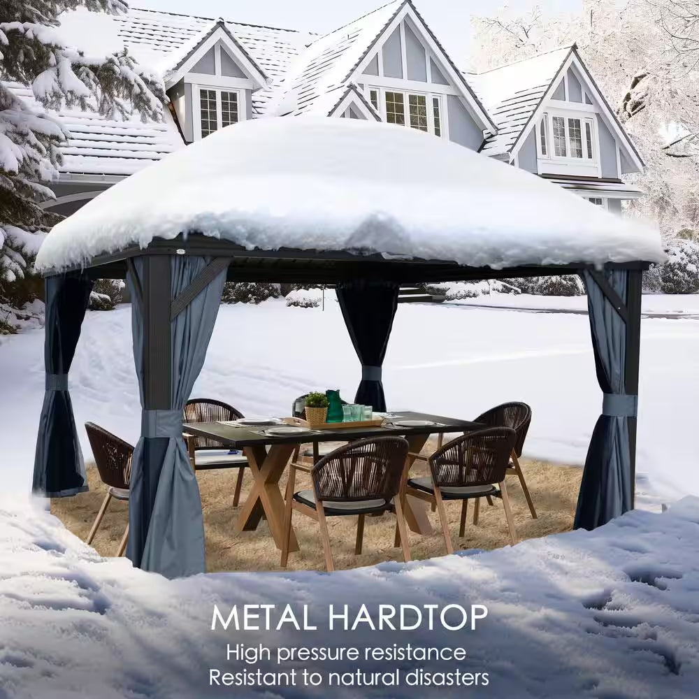 Alexander 14 Ft. D X 9 Ft. H X 12 Ft. W Aluminum Hardtop with Gazebo Galvanized Steel Roof, Nettings & Curtains(Gray)