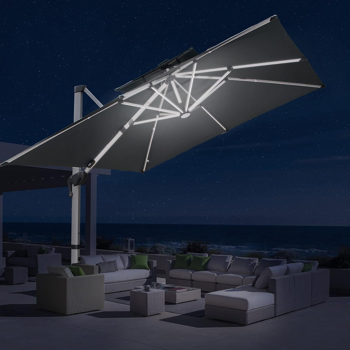10X10 FT Square Cantilever Patio Umbrella with Solar LED Lights and Cross Base, 360° Rotation Large Heavy Duty Offset Outdoor Umbrella with Easy Tilt for Pool Backyard Deck Garden, Grey