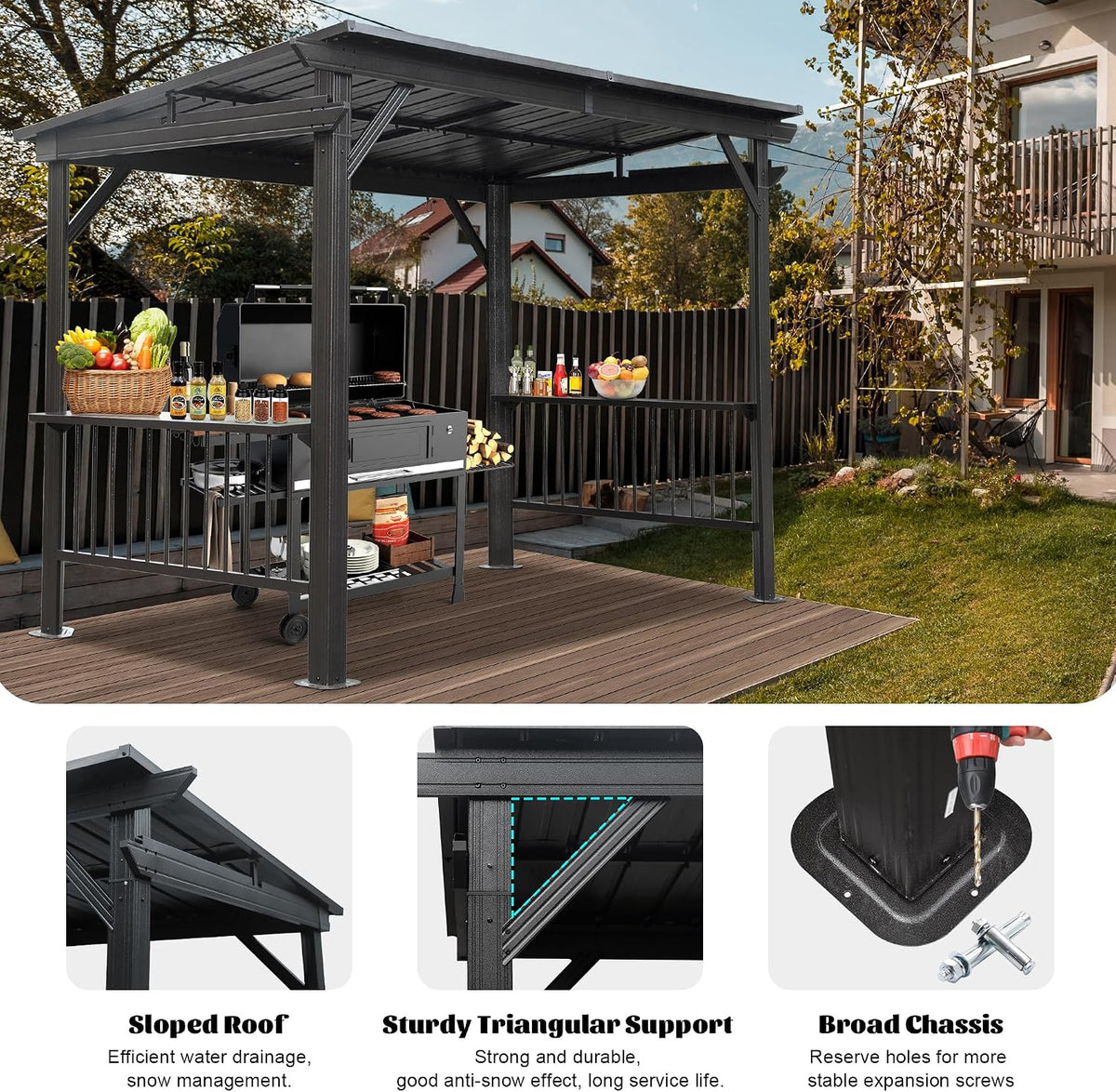 Domi 6.5X12Ft Hardtop Grill Gazebo, Outdoor BBQ Gazebo with 2 Side Shelves